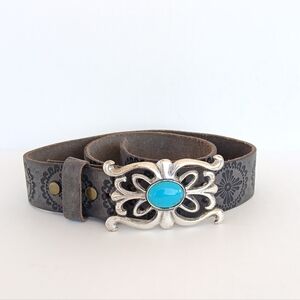 Leather Embossed Belt Silver Torquoise Buckle